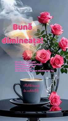 a cup of coffee sits on a table next to a vase of roses