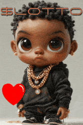 a baby doll wearing a black hoodie and gold chains stands next to a red heart with the word lotto written above it