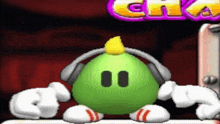 a green cartoon character wearing headphones is standing in front of a sign that says cha