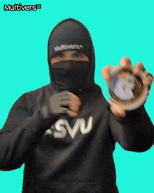 a man wearing a mask and a svu sweatshirt