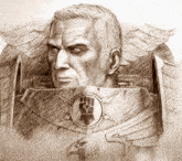 a black and white drawing of a man with wings and a fist on his chest