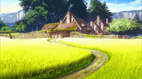 Premium Photo  Anime summer on the farm mountains fields houses and trees  generative ai