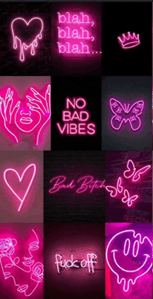 a collage of pink neon signs with the words no bad vibes