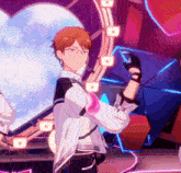 a man with glasses is standing in front of a heart shaped screen