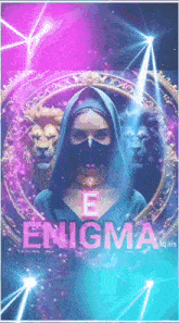 a woman wearing a mask and a hood is standing in front of a mirror with the word enigma on it