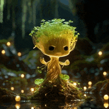 a cartoon tree with a sad face is surrounded by lights and moss