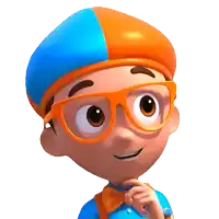 a close up of a cartoon character wearing glasses and a blue and orange hat