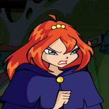 a cartoon girl with red hair and a purple cape