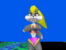 a cartoon character in a pink and yellow bikini stands with her arms crossed in front of a blue background
