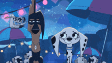 two dalmatian dogs are standing under umbrellas in a cartoon drawing