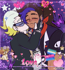 a couple of cartoon characters kissing with the word love written in pink