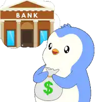 a cartoon penguin holding a bag of money in front of a bank