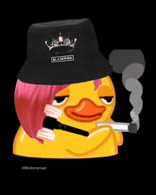 a yellow duck wearing a black hat with the word blackpink on it