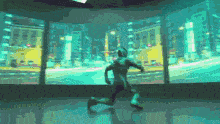a pixelated image of a man running in front of a city