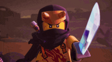 a lego ninja holding a sword and a shield