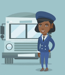 a woman is standing in front of a bus