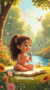 an illustration of a little girl reading a book with anshucom written on the bottom