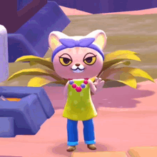 a cartoon cat wearing a yellow top and blue pants