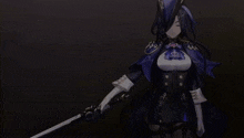 a girl in a blue cape is holding a sword .