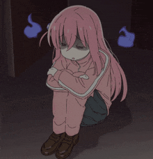 a drawing of a girl with pink hair sitting on the floor