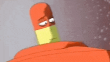 a close up of a cartoon character 's face with a yellow mask on .