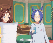 a cartoon of a girl holding a pillow and another girl holding a glass with the word violence written on the bottom