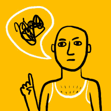 a cartoon drawing of a man with a speech bubble above his head with a messy line coming out of it