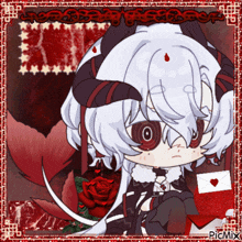 a picture of a girl with white hair and red eyes has the word picmix at the top