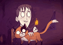 a cartoon drawing of a man holding a cat and a match