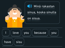 a cartoon of a woman with a speech bubble that says minä rakastan