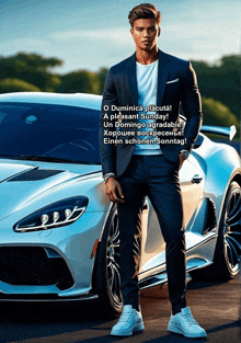 a man in a suit is standing next to a white car