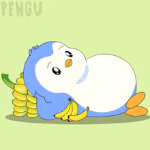 a penguin is laying on the ground with a bunch of bananas and the word pengu on the bottom right