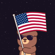 a cartoon bear wearing sunglasses holds an american flag