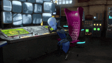 a cartoon character is sitting at a desk with a purple chair in front of it