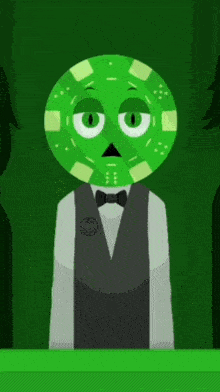 a cartoon character with a green poker chip on his head is wearing a tuxedo and bow tie .