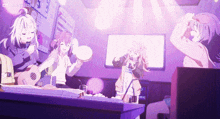a group of anime girls are singing and playing instruments in a room