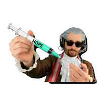 a man is holding a syringe that says hope