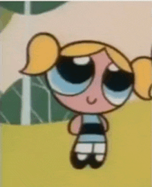 bubbles from the powerpuff girls is standing in a field with trees in the background