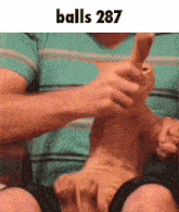 a man is playing with a cat with the words balls 287 above him