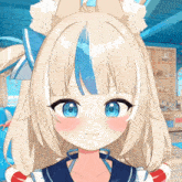 a blonde anime girl with blue eyes and a bow in her hair
