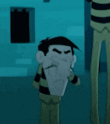 a cartoon character is standing in front of a blue wall and a window