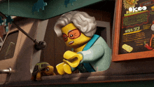 a lego character is standing in front of a menu that says ' okoo ' on it