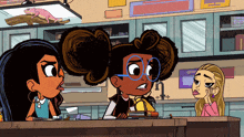 a cartoon drawing of three girls in a classroom with a sign that says ' biology ' on it