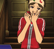 a girl wearing a red jacket with white stripes and a hat with a heart on it
