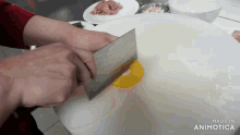 a person is cutting something on a cutting board with the words made in animatica visible