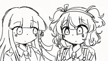 a black and white drawing of two girls with long hair standing next to each other .