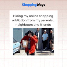 a poster for shopping ways shows a man hiding his online shopping addiction from his parents and neighbours