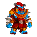 a pixel art illustration of a monster with horns and a skull on its chest .