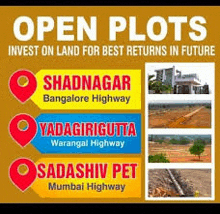 open plots invest on land for best returns in future in shadnagar bangalore highway , yadagirigutta warangal highway and sadashiv pet