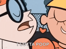 a couple of cartoon characters are kissing each other and one of them is saying `` i got a poop '' .